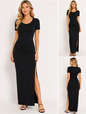 Inspired Culture Black Maxi Dress Side Slit Stretch Bodycon Size Small